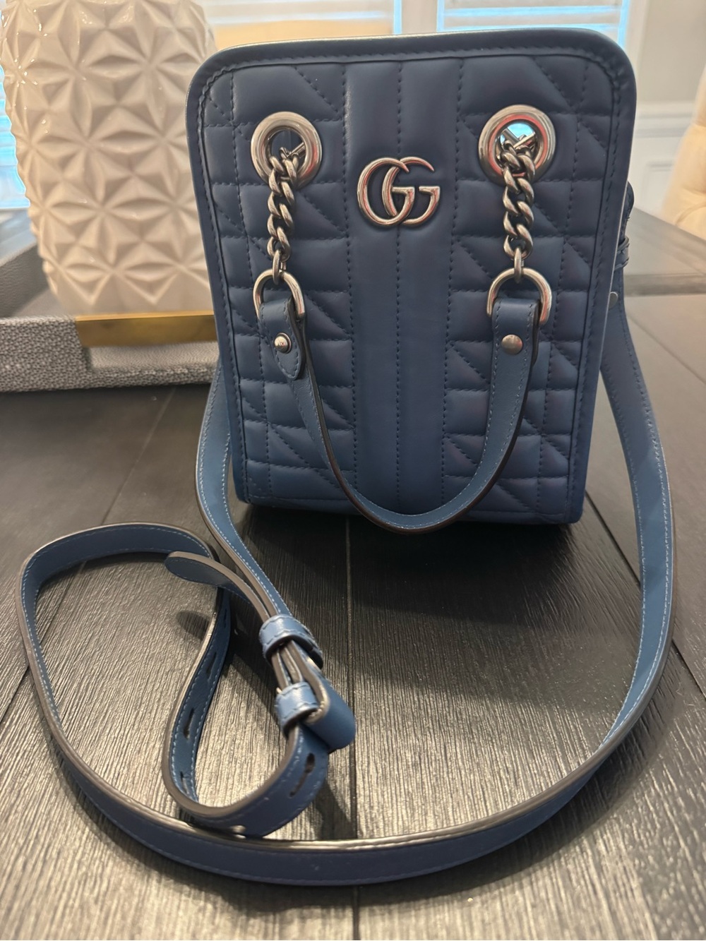 Gucci Marmont Blue Quilted Mini Crossbody Bag